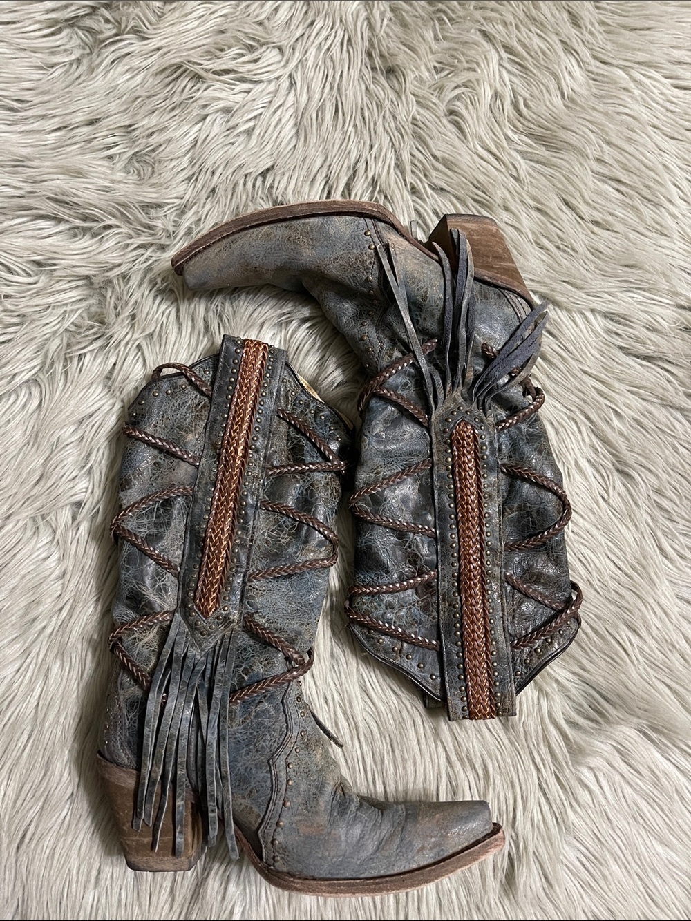 Corral Gray Leather Fringe Western  Boots with Brown Braided Trim
